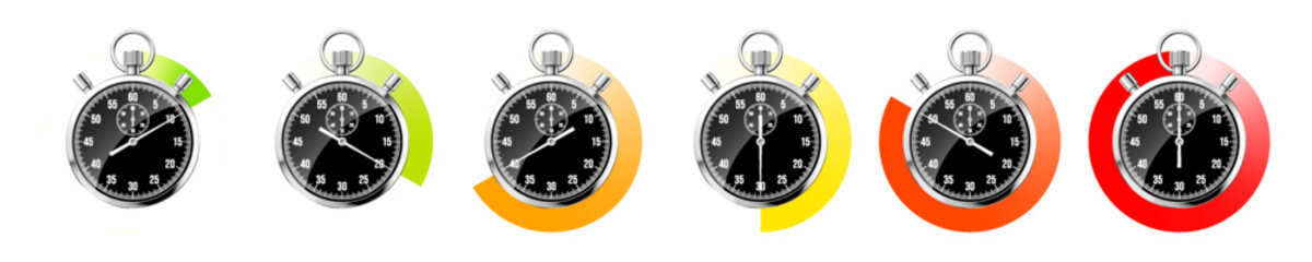 Realistic classic stopwatch. Shiny metal chronometer, black time counter with dial. Colorful countdown timer showing minutes, seconds. Time measurement for sport, start or finish. Vector illustration