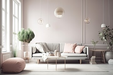 The room's interior is a simple, pastel monotone color and includes furniture and decorative items. copy space on a light background. Generative AI