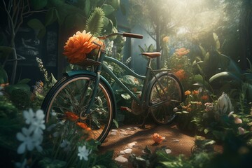 Fototapeta na wymiar Illustration of a 3D bike surrounded by large botanical elements. Generative AI