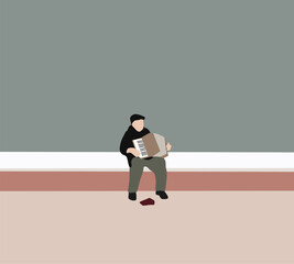 Fototapeta premium Man Playing accordion in a tourist street asking for donations for playing music. Street musician performance.