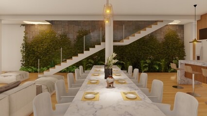 interior view of a luxurious home, with a living room, kitchen, dining room and breakfast area, minimalist and spacious spaces, with boho chic interior design, floating staircase