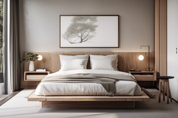 The hotel's interior features a small bedroom with a background of decoration. Generative AI