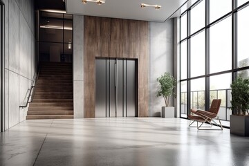 Two gray elevators are located in an empty office foyer. Concrete flooring and white walls. a mockup. Generative AI