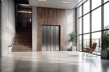 Obraz premium Two gray elevators are located in an empty office foyer. Concrete flooring and white walls. a mockup. Generative AI