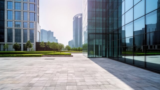 Outdoor image in front of modern office buildings in central business district. Generative AI AIG21.