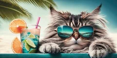 Cat is on summer vacation at seaside resort and relaxing rest on summer beach of Hawaii. distinct generative AI image.