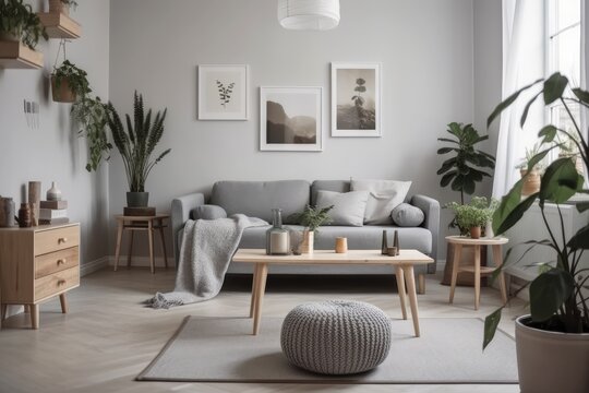 The interior of a Scandinavian living room features a grey sofa, mock up picture frames, plants, pillows, a marble stool, and chic personal items. Generative AI