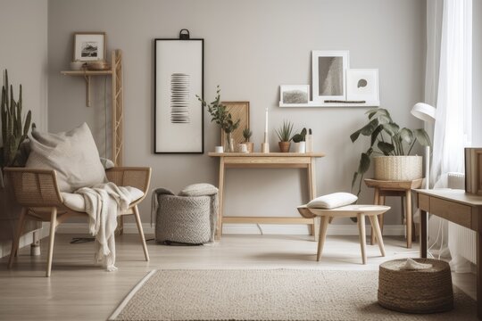 The interior of a Scandinavian living room features a chic wooden stool, mock up poster frames, lamp, book, cacti, decorations, carpet, and personal items in retro home furnishings. Generative AI