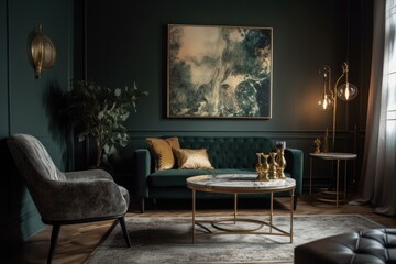 The living room of the apartment is elegantly furnished with a sofa and armchair upholstered in green velvet, a brwon table, a design lamp, and fashionable accessories. The gray wall has Generative AI