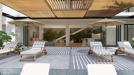 interior view of a luxurious home, with a living room, kitchen, dining room and breakfast area, minimalist and spacious spaces, with boho chic interior design, floating staircase