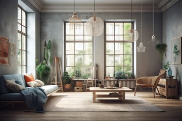 The room has a gorgeous modern décor with light walls, big windows, and fashionable furniture. Luminous Scandinavian style design. Generative AI