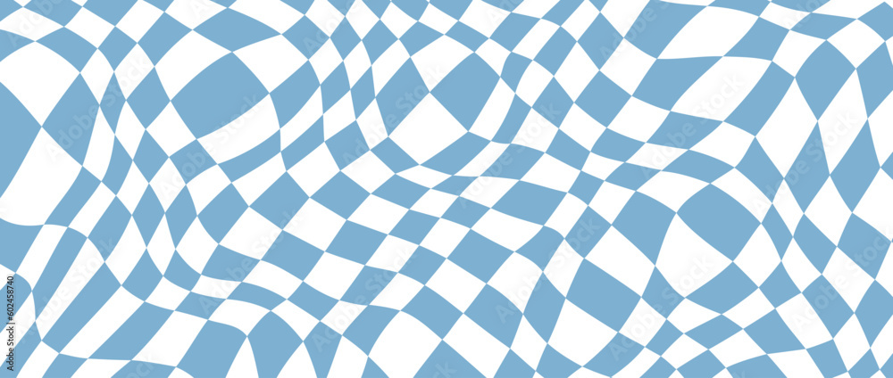 Poster Retro distorted checkerboard background. Blue trippy psychedelic checkered wallpaper. Wavy pool surface. Abstract twisted groovy geometric pattern. Vector backdrop