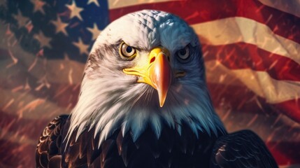  Sharp gaze of eagle with american flag background