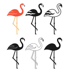 Pink flamingo bird cartoon style set. Funny tropical exotic bird cute summer symbol, line doodle, silhouette collection. Flat modern character bird trendy icon. Simple abstract vector illustration
