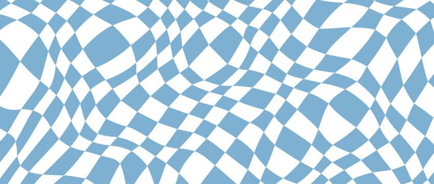 Retro distorted checkerboard background. Blue trippy psychedelic checkered wallpaper. Wavy pool surface. Abstract twisted groovy geometric pattern. Vector backdrop