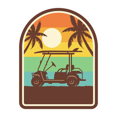GOLF CART SUNSET VECTOR ILLUSTRATION