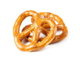 Mini salted pretzel isolated on white background. salted cracker pretzel isolated on white background. salty, snack, appetizer, pretzel isolated      