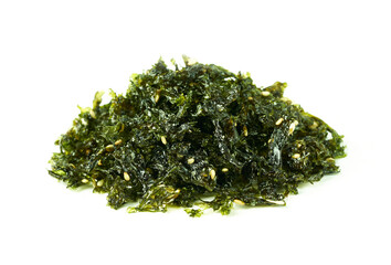 roasted nori seaweed and sesame topping isolated on white background. nori laver seaweed crispy...