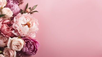 Floral Composition of Peonies and Roses on Pink Background with copy space