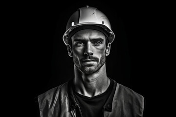 Fototapeta premium Black and white photorealistic studio portrait of a construction worker with hard hat on black background. Generative AI illustration