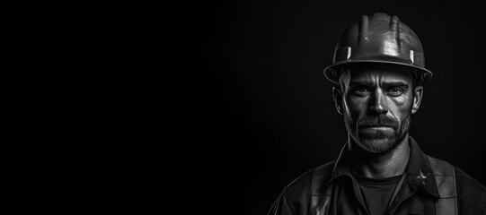 Black and white photorealistic studio portrait of a construction worker with hard hat on black background