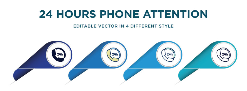 24 hours phone attention service icon in 4 different styles such as filled, color, glyph, colorful, lineal color. set of vector for web, mobile, ui