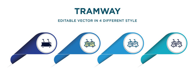 tramway icon in 4 different styles such as filled, color, glyph, colorful, lineal color. set of vector for web, mobile, ui