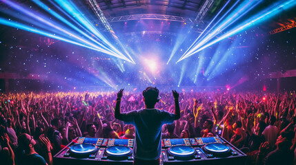 a DJ plays a massive set, in a venue, at a festival, bright neon lasers hit the crowd, Generative AI