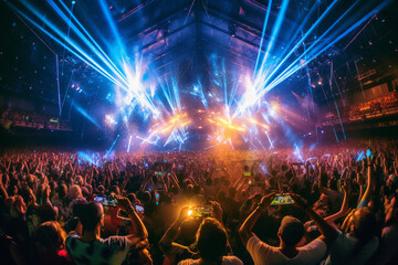 Fototapeta na wymiar a DJ plays a massive set, in a venue, at a festival, bright neon lasers hit the crowd