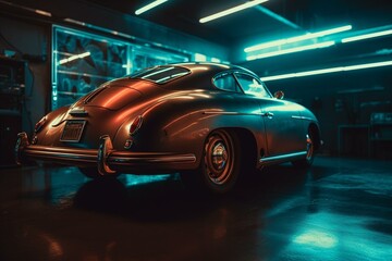 Fototapeta na wymiar A retrofuturistic car in a garage with a neon light reflection. Generative AI