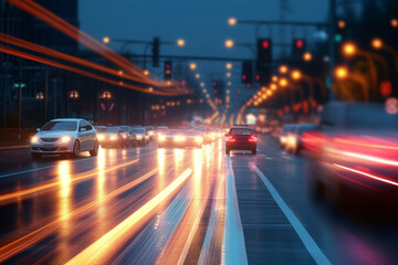Fototapeta na wymiar Speeding Cars on City Roads: Long Exposure Light Trails, Generative AI