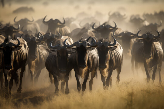 a herd of wildebeest running in the masai mara national park, generative AI