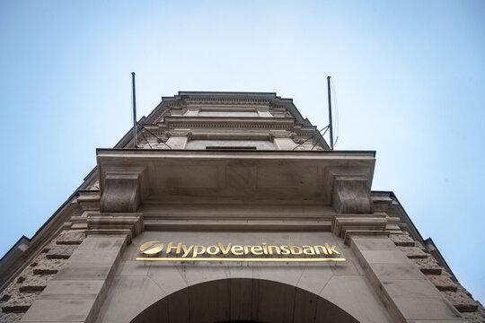 MUNICH, GERMANY - DECEMBER 18, 2017: Hypovereinsbank logo on their Munich main office. Hypovereinsbank (HVB) is the fifth-largest of the German financial institutions and banksPicture of the Munich 