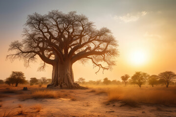 Fototapeta na wymiar African baobab in the savannah at sunrise, generative AI
