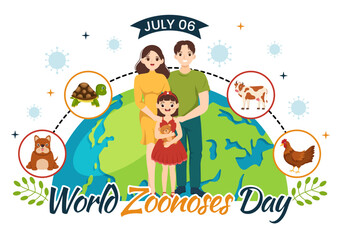 World Zoonoses Day Vector Illustration on 6 July with Family, Various Animals which is in the Forest in Kids Cartoon Hand Drawn Landing Page Templates