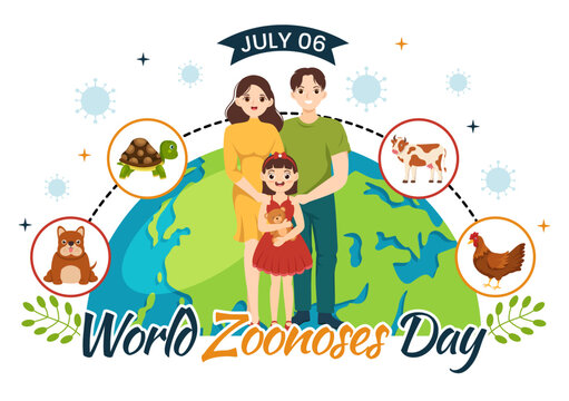 World Zoonoses Day Vector Illustration on 6 July with Family, Various Animals which is in the Forest in Kids Cartoon Hand Drawn Landing Page Templates