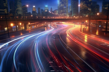 Fototapeta na wymiar traffic on highway at night Urban Movement Dynamic Light Trails Photography, Generative AI