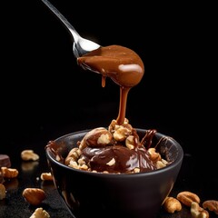 from a spoon of chocolate paste pours on nuts on a black background. Chocolate Day. Generative AI