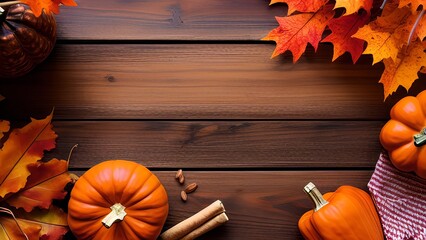 Autumn Bliss: A Cozy Seasonal Arrangement of Leaves, Pumpkins, and Cinnamon on a Rustic Background