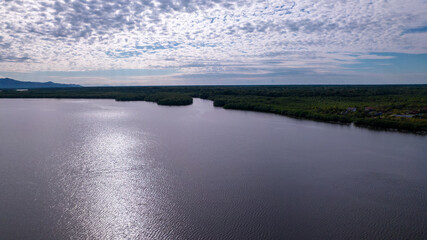 Aerial view of the city of Cananéia. Mangrove and sea at Ilha do Cardoso state park