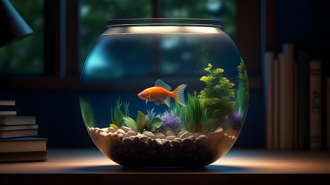 Small round aquarium on a desk. Generative AI.