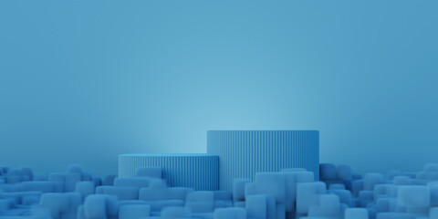 Two blue podium backgrounds for product displays. 3d rendering