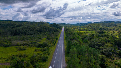 Aerial view of the road in the city of Cananéia. Highway in Pariquera Açu