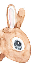 Watercolour illustration of cute little bunny with long ears. Hand painted water color sketchy drawing with artistic brush strokes on white background, cut out clipart element for design decoration.