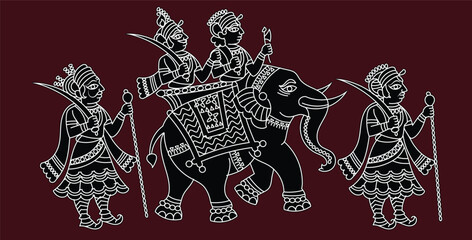 King on an elephant with soldiers drawn in the Pinguli folk art style of Maharashtra India. Ramayan great Hindu epic, for textile printing, logo, wallpaper