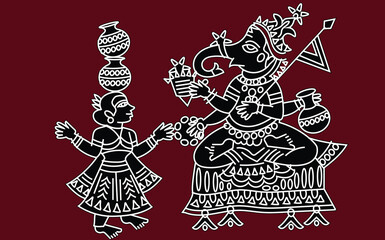 Illustration of Lord Ganpati/Ganesha drawn in Pinguli folk art style of Maharashtra India. for textile printing, logo, wallpaper