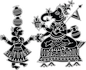 Illustration of Lord Ganpati/Ganesha drawn in Pinguli folk art style of Maharashtra India. for textile printing, logo, wallpaper