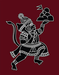 lord Hanuman carrying Dronagiri mountain drawn in Pinguli folk art style of Maharashtra India. Ramayan great Hindu epic, for textile printing, logo, wallpaper