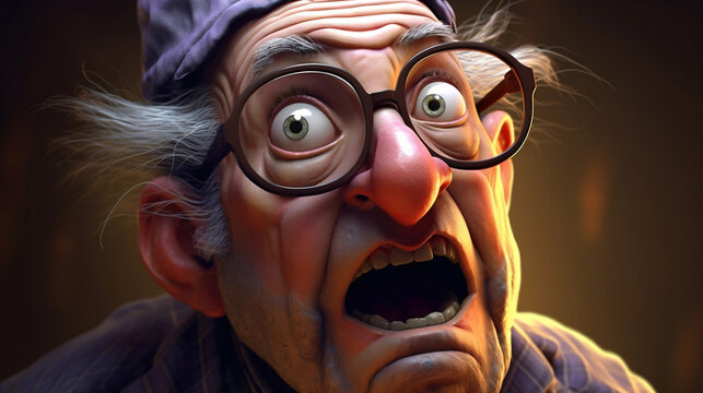 A shocked caricature face of an old man getting caught in the act of something suspicious, looking guilty of mischief.
