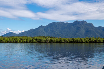 Aerial view of the city of Cananéia. Mangrove and sea at Ilha do Cardoso state park